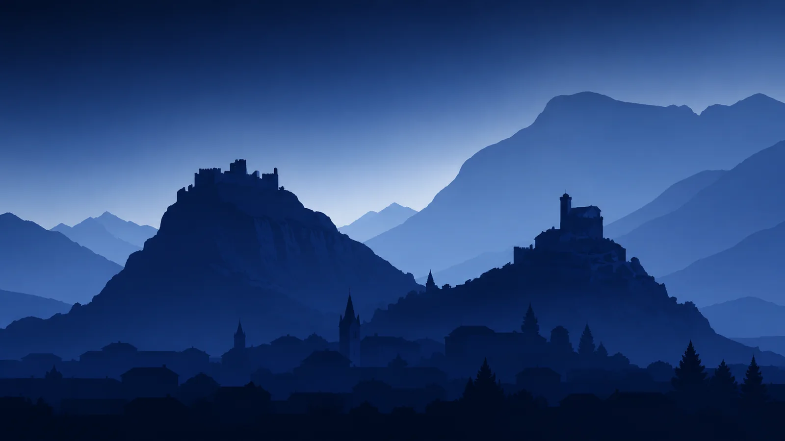 Les châteaux de Tourbillon et Valère devant les montagnes de Sion, dans une palette de bleus.